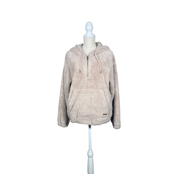 BillaBong Hoodie Women’s Large Tan 1/4 Zip Jacket Fuzzy Pocket Logo Cozy - Picture 1 of 6